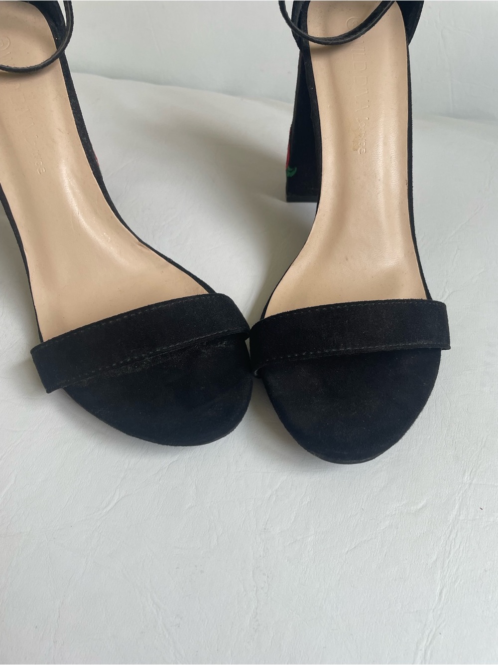 BLACK FAUX SUEDE OPEN TOE BLOCK HEELS RED ROSE GREEN STEM DETAIL WILD DIVA SHOE - Picture 5 of 9